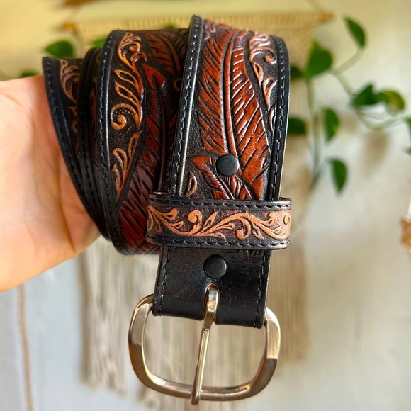 Justin Western Tooled Leather Belt Feather Scroll Design Black Brown Size 46